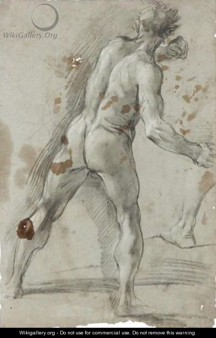 A Standing Male Figure, Seen From Behind, Clutching A Stone In His Right Hand - Pier Francesco Mola