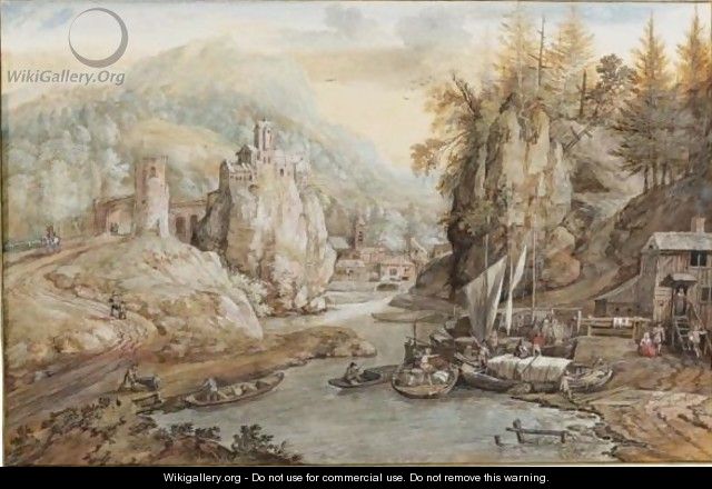 A Mountainous River Landscape With Boats Being Unloaded, A Hill-Top Church And A Village In The Distance - Gerrit Van Battem