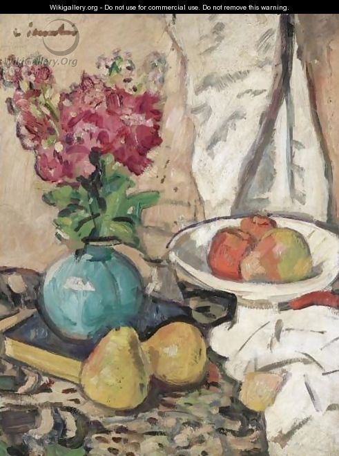 Still Life With Fruit And Flowers In A Green Vase - George Leslie Hunter