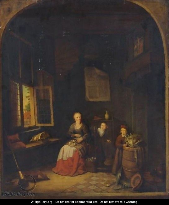 Interior Of A Kitchen With A Seated Woman Peeling Onions, A Child Hiding Behind Her - Jacob van Spreeuwen