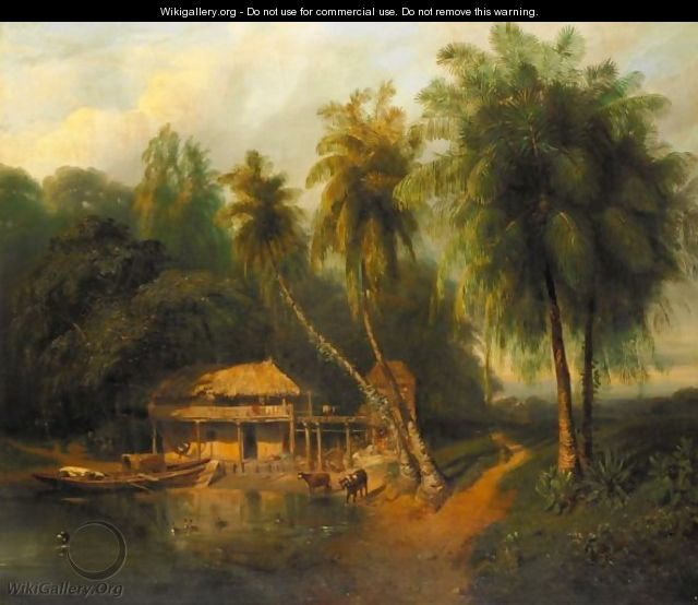 An Exotic Landscape View With Straw Huts And Palm Trees - French-Colonial School