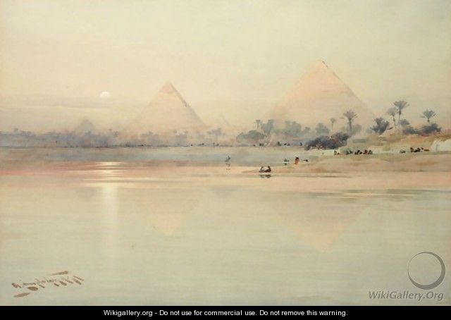 A View Of The Pyramids At Sunset - Augustus Osborne Lamplough