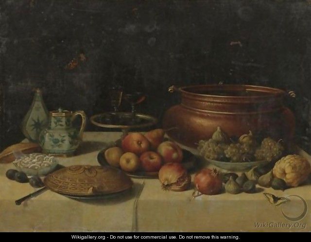 Still Life Of Fruit, A Pie, A Large Copper Pot, A Blue And White Porcelain Pitcher And Vase And Other Objects, All On A Table - Jan van Kessel