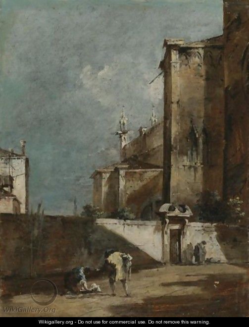Architectural Capriccio With Figures By The Walled Garden Of A Gothic Church - Francesco Guardi