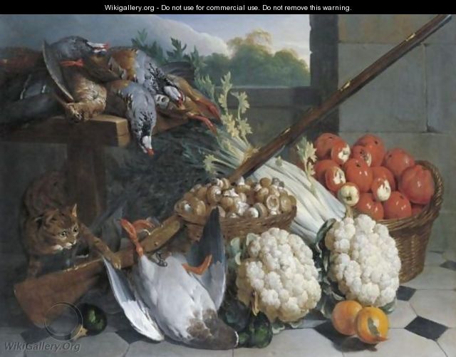 A Still Life Of Game With A Musket, Baskets Of Apples And Mushrooms, A Bunch Of Celery, Two Cauliflowers And A Cat - Alexandre-Francois Desportes