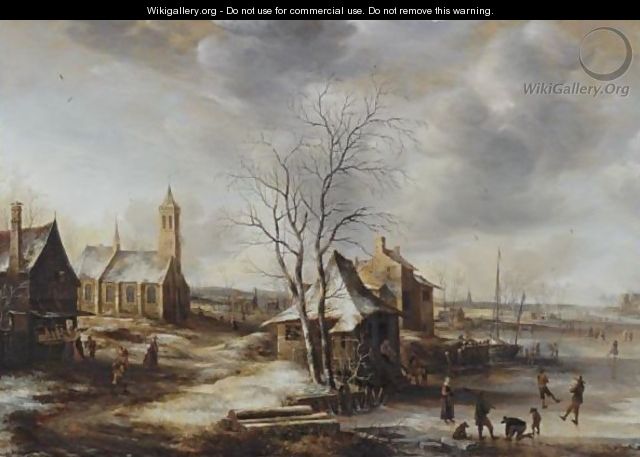 A Winter Landscape, Possibly Amerongen, With Skaters On A Frozen River And Figures Entering A Church To The Left - Jan Abrahamsz. Beerstraten