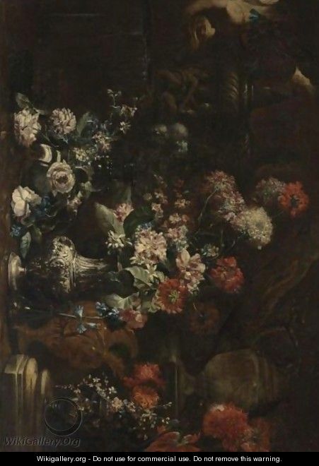 Elaborate Still Life Of Flowers In A Landscape - Andrea Belvedere
