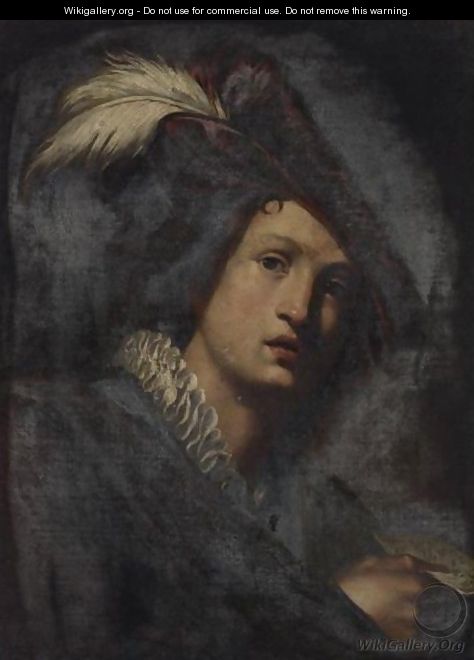 A Young Man Wearing A Feathered Hat, Holding A Sheet Of Music - Niccolo Renieri (see Regnier, Nicolas)