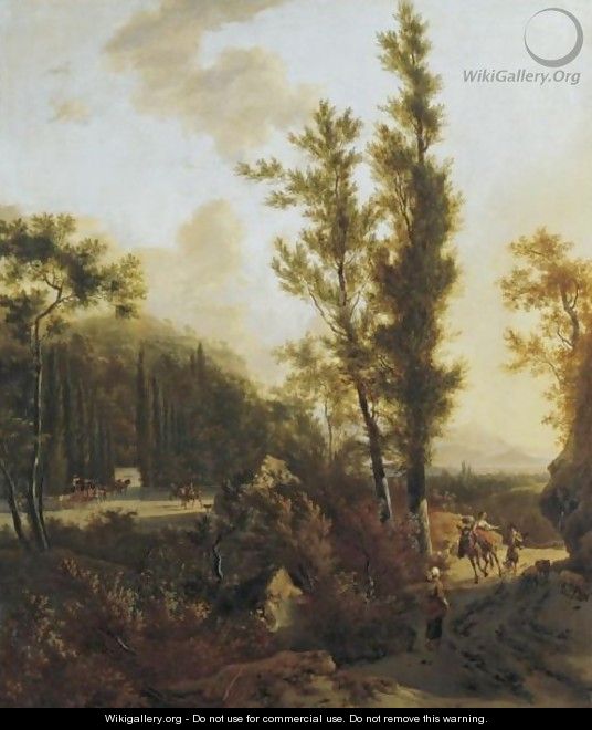 An Italianate Landscape With Peasants On A Road In The Foreground, Mounted Figures Entering The Forecourt To A Villa On The Left - Frederick De Moucheron