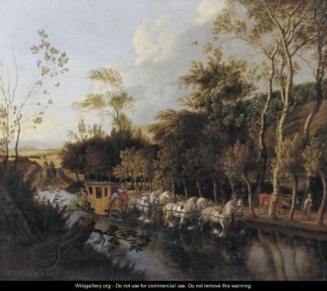 A Coach Pulled By Six Horses Crossing A Flooded Road - Jan Siberechts