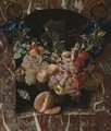 A Festoon Of Fruits, Including Peaches, Grapes, Plums And Hazelnuts, Suspended By Blue Ribbons Before A Marble Niche - Carstian Luyckx