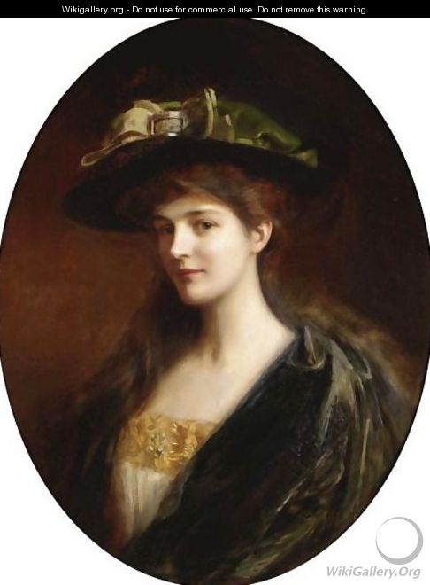 Portrait Of A Lady Wearing A Green Hat - Albert Lynch