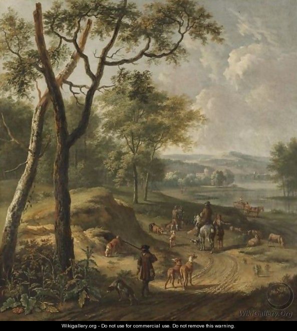 A Dune River Landscape With Huntsmen And A Shepherd On A Track - (after) Jan Wijnants