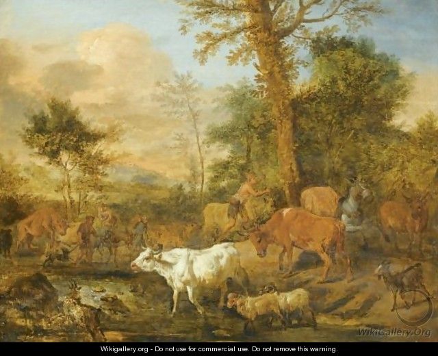 A Landscape With Herdsmen Crossing A Stream With Their Herd - (after) Adriaen Van De Velde