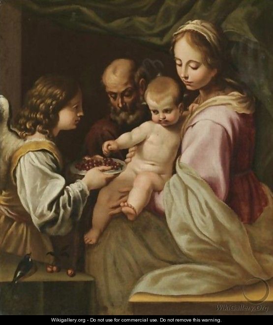 The Holy Family With An Angel Offering The Christ Child A Plate Of Cherries - (after) Simone Cantarini (Pesarese)