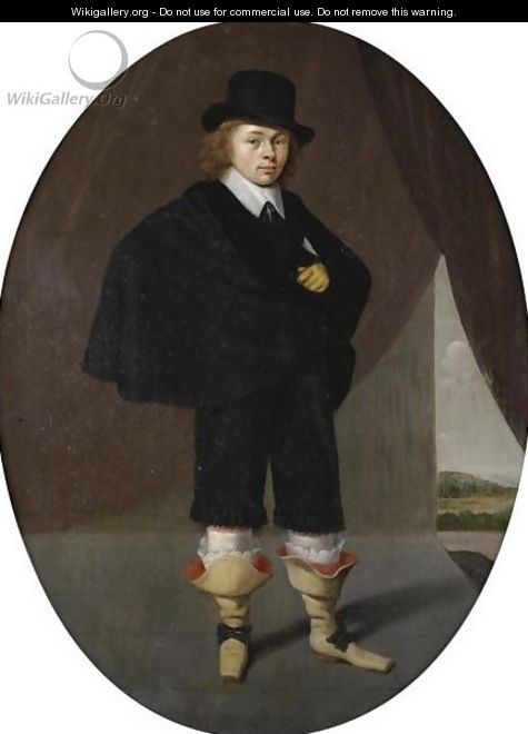 Portrait Of A Gentleman, Full Length, Wearing A Black Cape, Black Trousers And A Black Hat, A Landscape Beyond - (after) Herman Doncker