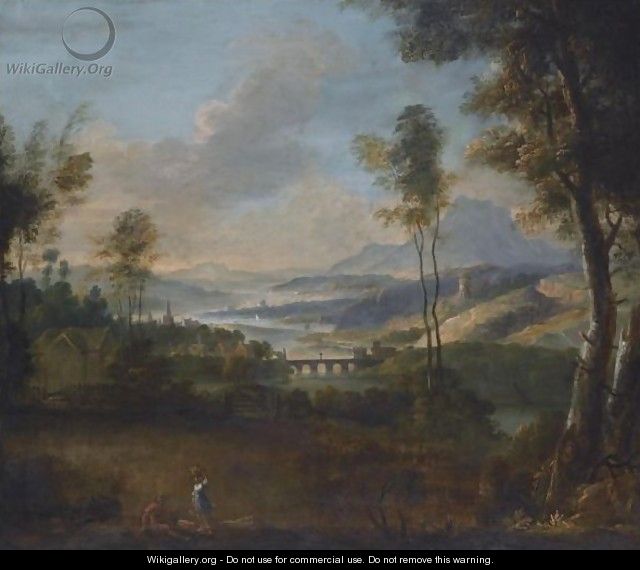 A Mountainous River Landscape With Two Figures Conversing In The Foreground And A Bridge Beyond - North-Italian School