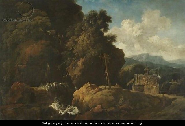 An Extensive Waterfall Landscape With A Saint Praying Before A Cross With All The Signs Of The Passion - Philipp Peter Roos