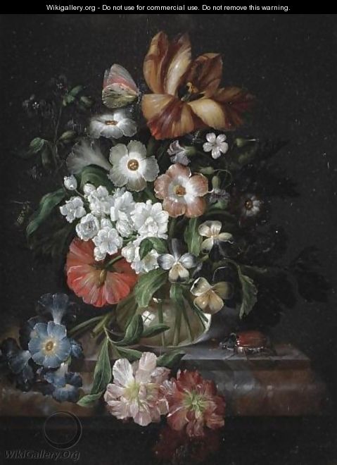 A Still Life With Carnations, An Iris, Morning Glory And Other Flowers In A Glass Vase On A Ledge With A Beetle - (after) Johann Adalbert Angermayer