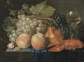 A Still Life With Black And Green Grapes, Peaches, A Pear, A Walnut, A Lobster And A Roemer Over A Ledge Partially Draped With A Blue Cloth - Felix Speth