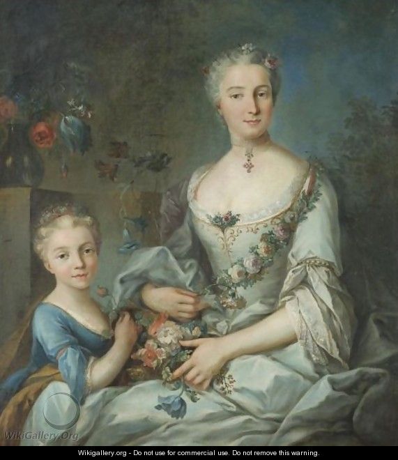 Portrait Of A Lady Seated With Her Daughter - Louis Tocque