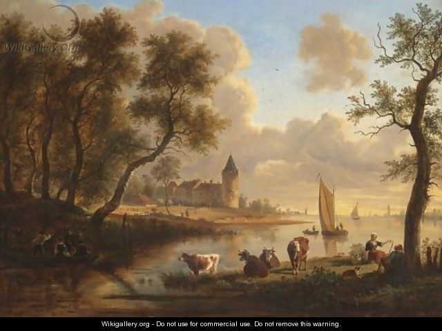 A Dutch River Landscape With Peasants And Cattle Resting By A Stream, A Village Beyond - (after) Frans Swagers