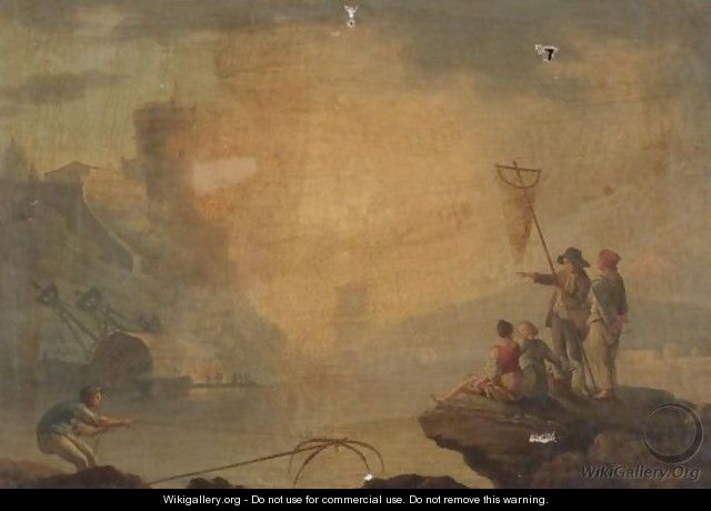 A Mediterranean Coastal Scene With Fishermen And Women On Rocks In The Foreground - (after) Claude-Joseph Vernet