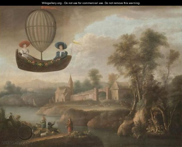 A River Landscape With A Hot Air Balloon - Swiss School