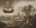 A River Landscape With A Hot Air Balloon - Swiss School