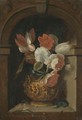 A Still Life Of Tulips, Roses, Morning Glory And Other Flowers In A Sculpted Bronze Vase In A Niche - (after) Ambrosius The Elder Bosschaert