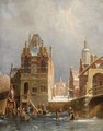 Figures On The Ice In A Wintry Dutch Town - Pieter Christiaan Cornelis Dommersen