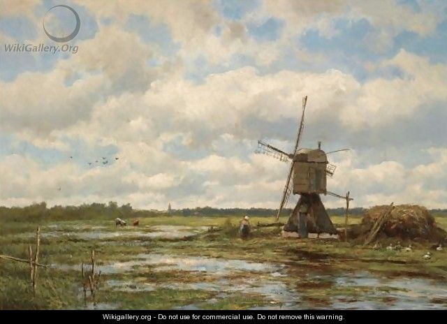 A Windmill In A Polder Landscape - Johannes Hermann Barend Koekkoek