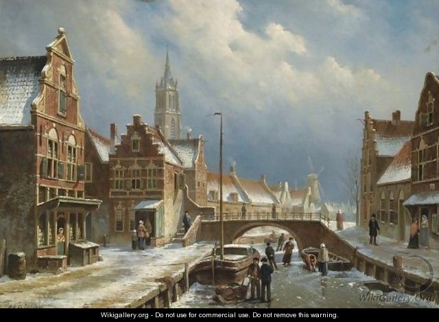 Figures On A Frozen Canal In A Dutch Town - Oene Romkes De Jongh