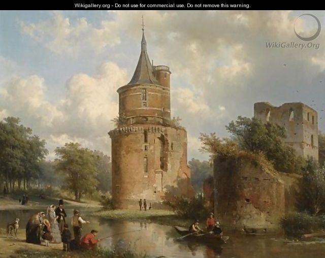 Figures At Leisure Near The Castle Of Wijk Bij Duurstede - Cornelis Springer