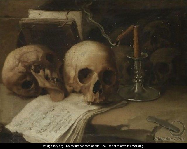 A Vanitas Still Life With Skulls, An Extinguished Candle And Musical Scores On A Stone Ledge - Spanish School
