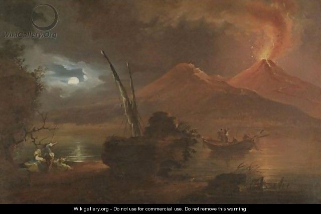 A View Of Mount Vesuvius Erupting By Moonlight - (after) Francesco Fidanza