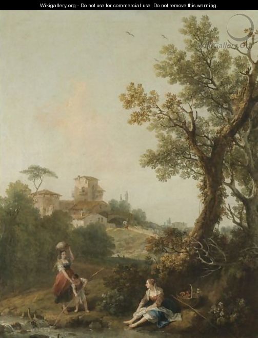 A Wooded River Landscape With A Boy And His Mother Fishing And Another Woman Resting - Francesco Zuccarelli
