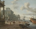A Capriccio View Of An Italianate Harbour With Figures On The Quay Beneath Classical Buildings - Abraham Storck