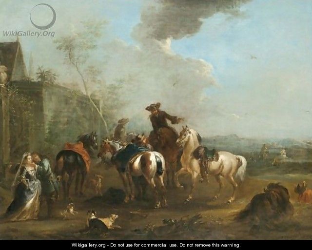 A Hunting Party At Rest With A Huntsman Caressing An Elegant Lady - August Querfurt
