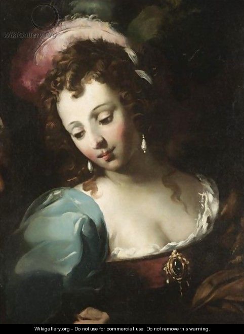 The Head Of A Lady, Wearing A Feather In Her Hair And Pearl Earrings - (after) Giovanni Antonio Burrini