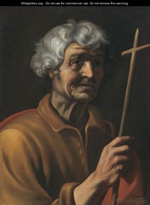A Male Saint Holding A Crucifix - Italian School