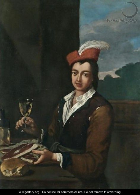 Portrait Of A Boy Seated At Table Holding A Glass Of Wine And Two Steaks - (after) Antonio Amorosi
