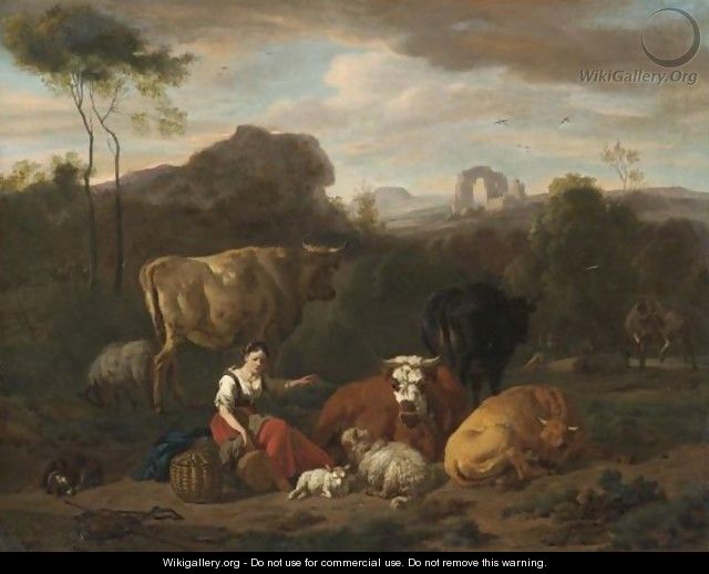 An Italianate Landscape With A Shepherdess Seated Amongst Sheep And Cattle - Dirk van Bergen