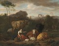 An Italianate Landscape With A Shepherdess Seated Amongst Sheep And Cattle - Dirk van Bergen