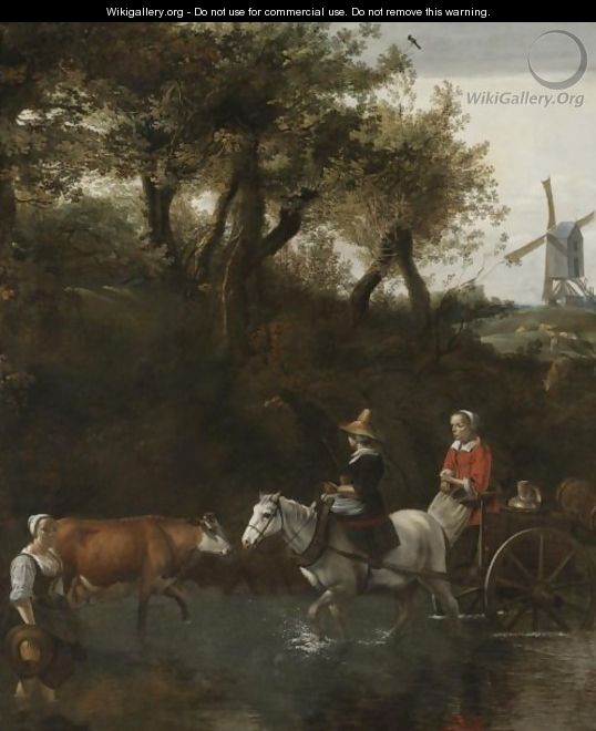 A Wooded Landscape With Peasants Fording A River, A Windmill Beyond To The Right - Jan Siberechts