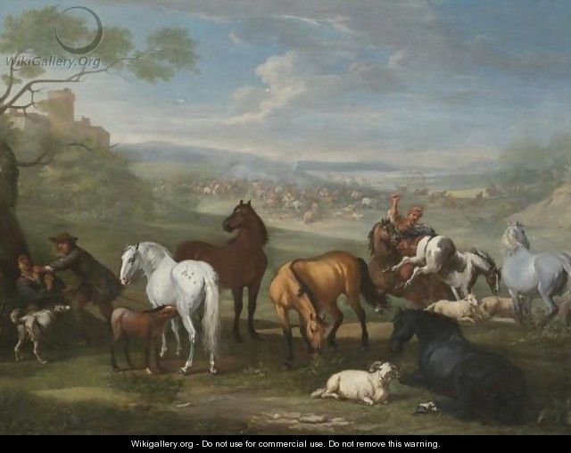Herdsmen With Horses And Sheep In The Foreground, A Battle Beyond - Pieter van Bloemen
