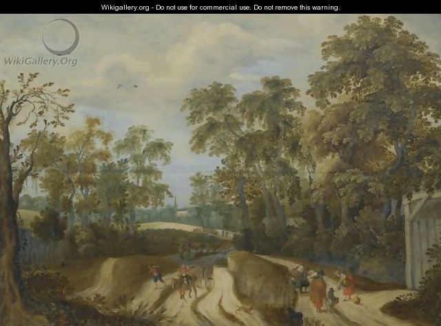 Peasants On A Country Road At A Forest Edge, A Church Beyond - (after) Willem Van Den Bundel