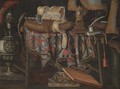 A Still Life With A Sword Resting On A Cushion, A Clock, A Book And An Inkwell On A Partly Draped Table - Johann Georg Hamilton