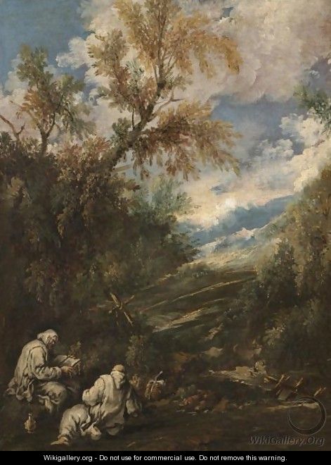 A Wooded Landscape With Saints Anthony The Great And Paul The Hermit - (after) Antonio Francesco Peruzzini