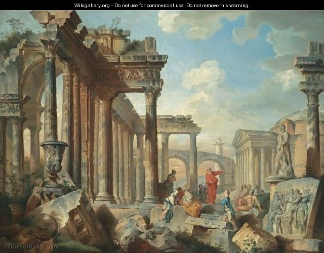 A Capriccio View Of Architectural Ruins With Saint Peter Preaching - (after) Giovanni Paolo Panini